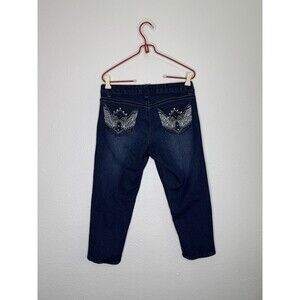 Women's Southpole Low Rise Denim Capri Jeans Embroidery Bedazzled Faded Sz 9 Y2K
